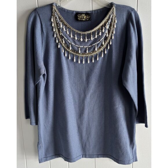 Designer Bob Mackie Wearable Art Size L Blue Beaded Neckline 3/4 Sleeve Top # D - Picture 2 of 5